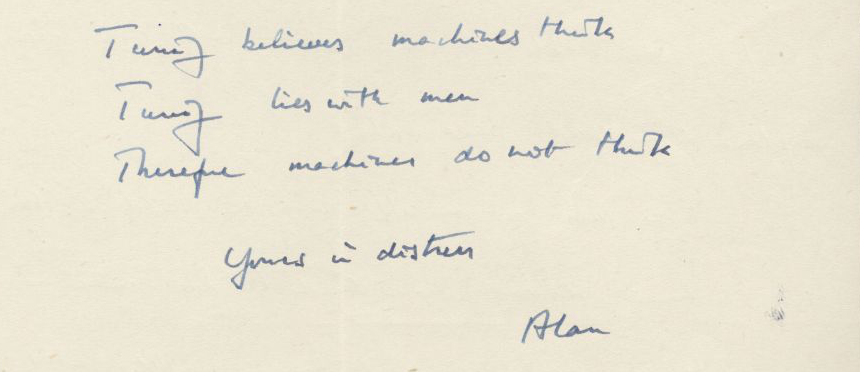 A scan of handwritten letter, only of three sentences, in blue ink on a beige paper.