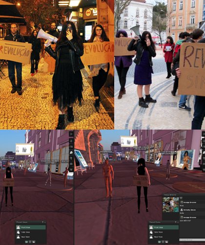 a collage of four images, the top two are photographs of a woman in a protest and the bottom two are screenshots of avatars in a virtual protest