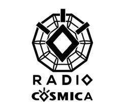 Radio Cosmica logo has a black octagon with concentric rings and a diamond in the center