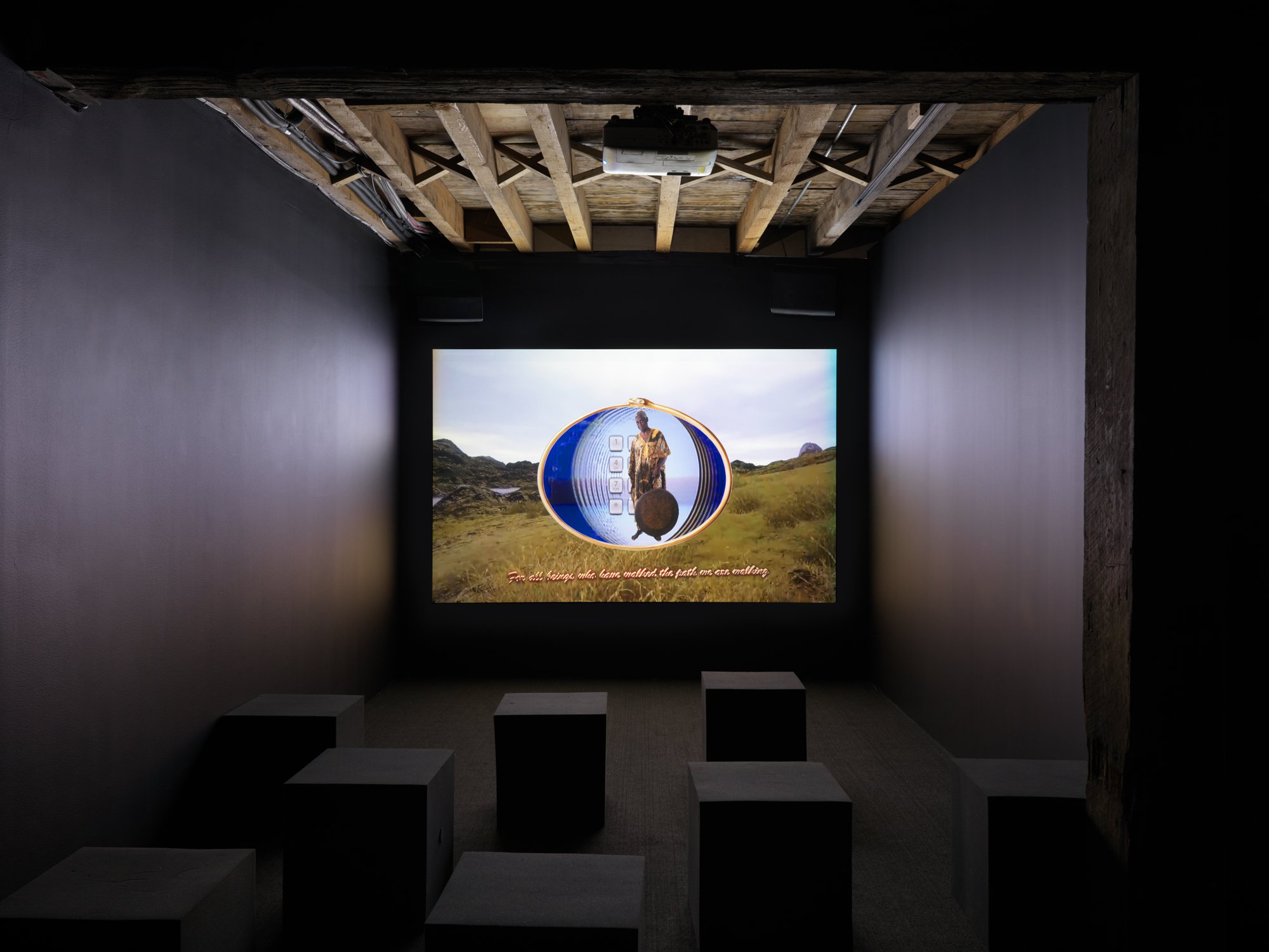 Photo of a small dark art gallery theater. Projected onto the wall is a valley behind a golden ring opening to a blue cyberverse portal. A person wearing an African print garment holds a heavy instrument inside the portal.