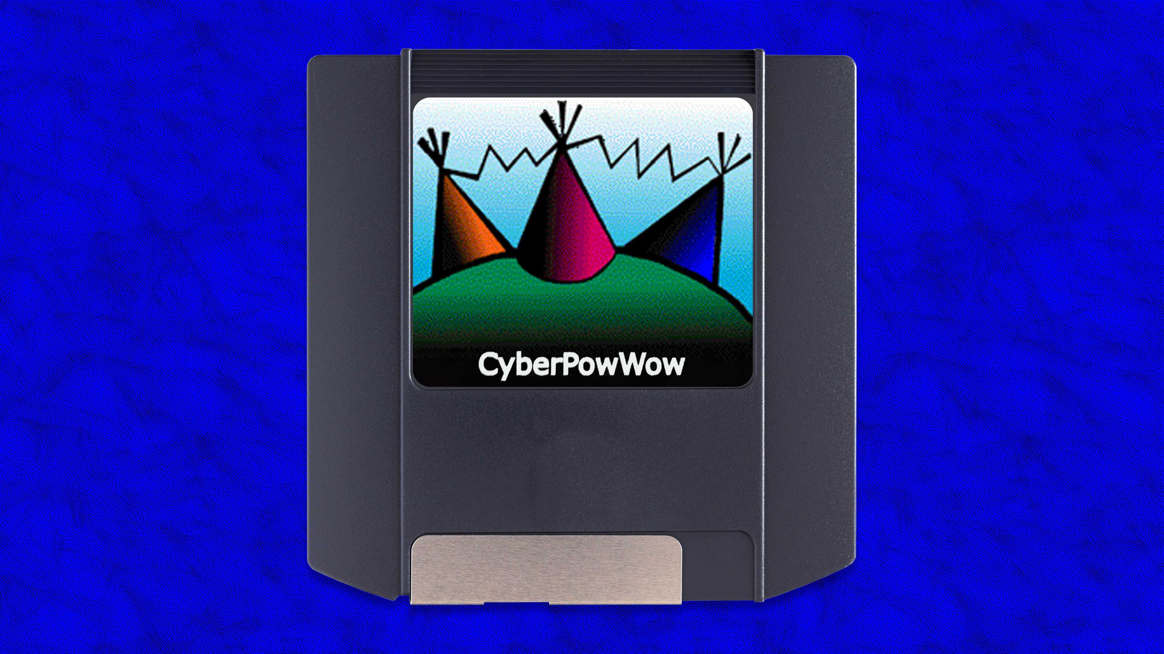 3D floppy disk on a cerulean blue background. The floppy disk has an image of three tipis in orange, pink, and blue on a green hill.