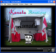 screenshot of The Palace browser with an image of Kanata Boutique, a white tarp with hanging t-shirts, tables covered in red tablecloths, and hanging white and red flags.