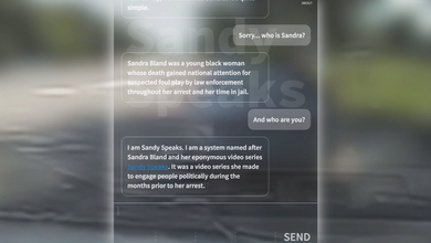 A grey chatbox with rectangles of white text showing a conversation about who Sandra Bland is and what the device, Sandy Speaks, is. Behind is a blurred image of pavement and grass. The interface of the chatbox glows in white.