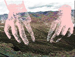 Low quality image of a landscape and a graphic of peach colored hands placed over the image, carrying the side of the mountain like a baghuette.