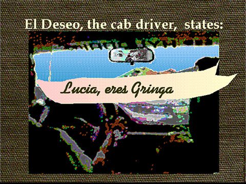 A white ribbon with Spanish text smacked in the middle of a graphic pointillism image of the people driving a car in the viewpoint of a person sitting in the back with white text above over of a rug textured background.