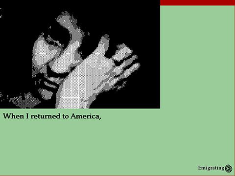 A black and white filtered pixelated photo of a person leaning the side of their face onto their hand on the top right corner of a green background. "When I returned to America" is typed in black below the image.