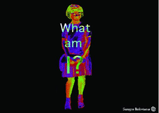 An infrared filtered photo of a young girl with a bob haircut wearing a thigh-high skirt and "What am I?" typed over in the middle.