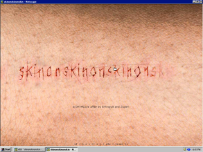 Screenshot of vintage Microsoft webpage with a window of red words sharply, thinly, and delicately cut into the surface of a skin.