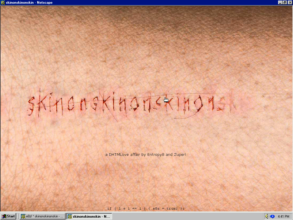 Screenshot of vintage Microsoft webpage with a window of red words sharply, thinly, and delicately cut into the surface of a skin.