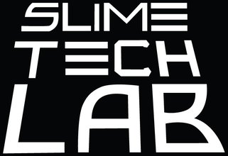 slime tech lab logo is white on a black background in a futuristic font