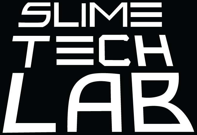 slime tech lab logo is white on a black background in a futuristic font