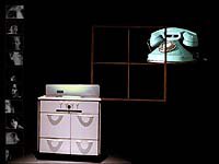 A 3D graphic image of a stovetop on the floor, a wooden window frame to the top right, and a blue vintage telephone behind all lit in a black room. The left has a black and white film strip showing human faces or bodies.
