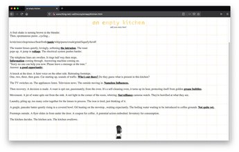 A white webpage with a yellow grid titled "An Empty Kitchen" typed yellow as the header. The page is filled with lines or paragraphs of black text with some words bolded and underlined. The bottom center has a small black and white icon of a blender.
