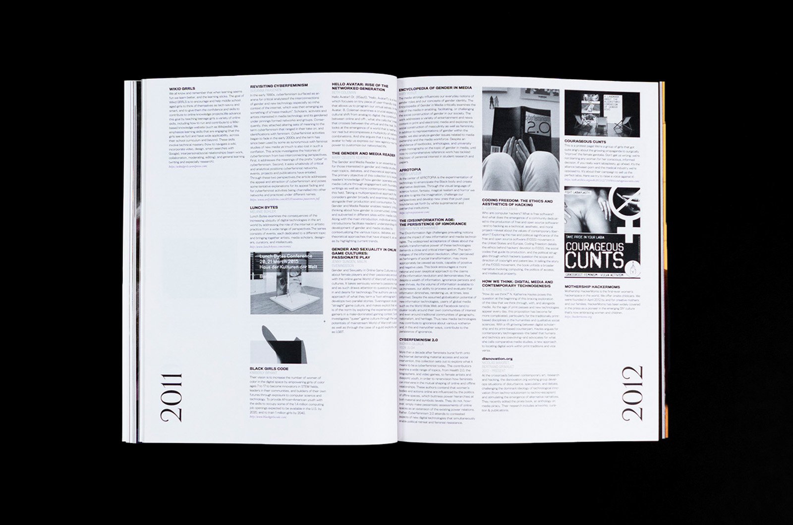 spread of Snail magazine with 3 columns of text that shows a chronology of entries from Cyberfeminism Index