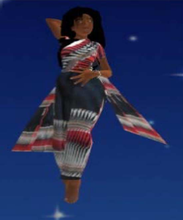 Image of a graphic woman with curly black hair, dark skin, draped in white, red, and black striped garment, twirling in a blue twinkling sky.