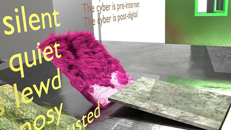 A virtual world showing different textured tiles such as pink fur, gravel, a blanket of grass leaning in mid air against virtual gravity. Yellow and brown text float on an invisible wall. There is a green wall with a green window pane on the right.
