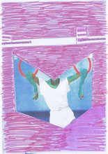 A drawing of a pink marker colored page with a title of a row of magazine cutout text. The center is a downward pointing pentagon arrow with a marker drawn blue person in white hanging their arms through red gymnastic rings.
