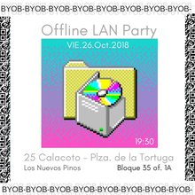 white flyer that says “Offline LAN Party” with a textured frame a blue to pink gradient in the center with a folder and CD-ROM