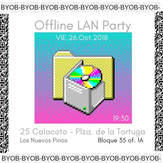 white flyer that says “Offline LAN Party” with a textured frame a blue to pink gradient in the center with a folder and CD-ROM