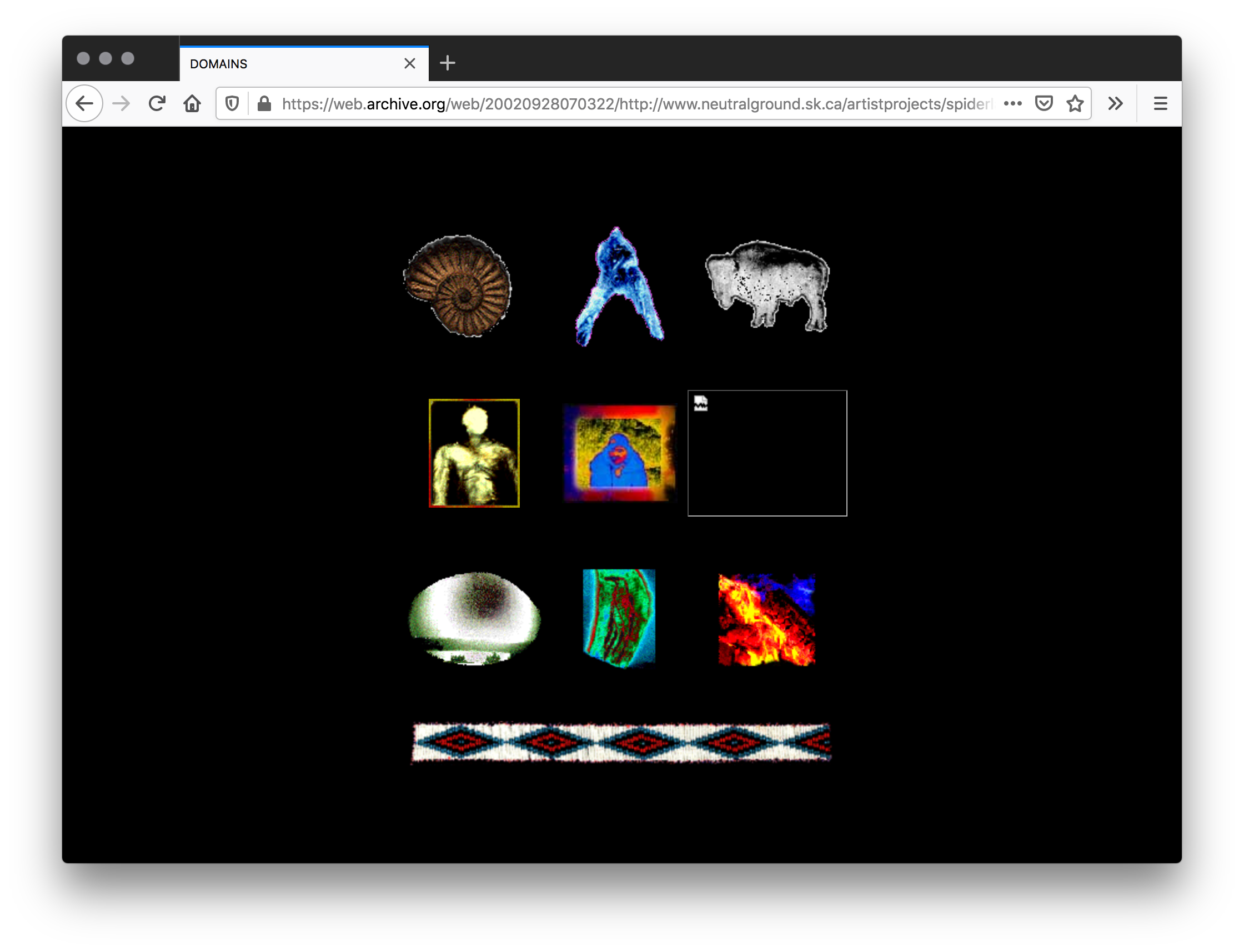 A black webpage featuring 10 images laid in a grid, such as a seashell, a bison, a fire, and a woven bracelet.