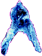 A inverted filtered silhouette of a person wearing a hood sitting with their right leg extended and their left arm hanging on their bent left leg.