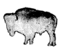 A grey, black and white silhouette of a buffalo or bison.