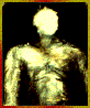 An eerie photo of a person's naked torso that looks like its decaying by its rotting green and pale skin tone and the face wiped out with a white circle in front of a black background. The thinly lined frame is a blend of red and tan colors.