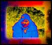 A square photo with an infrared filter of a person wearing a hooded coat. The frame is a blend of blue, red, yellow, and black.