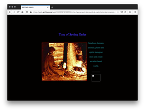 A black webpage with a purple title and a paragraph of teal text to the right of a sepia filtered photo of an indigenous rural person sitting on a straw floor while preparing a dish by the fire with pots and pans dangling above.