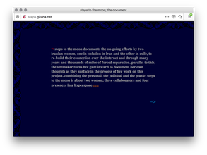 Screenshot of navy blue webpage with black and blue decorative floral borders. A paragraph of grey text fills the page and a small blue right arrow is below on the bottom right.