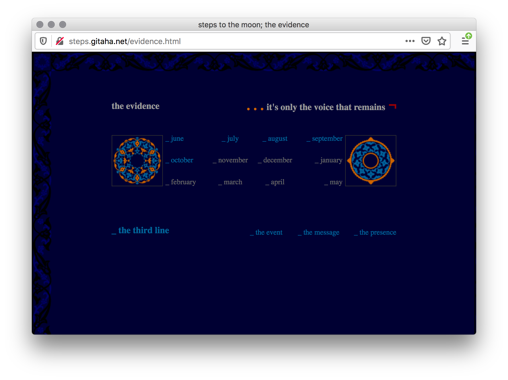 Screenshot of navy blue webpage with a decorative black and blue border. The center has months typed in grey in a grid form are in between two orange and blue geometric symbols with lines of grey and blue text on the top and bottom.