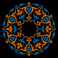 An elegant circular orange and blue mandala graphic made out of royal emblem details.