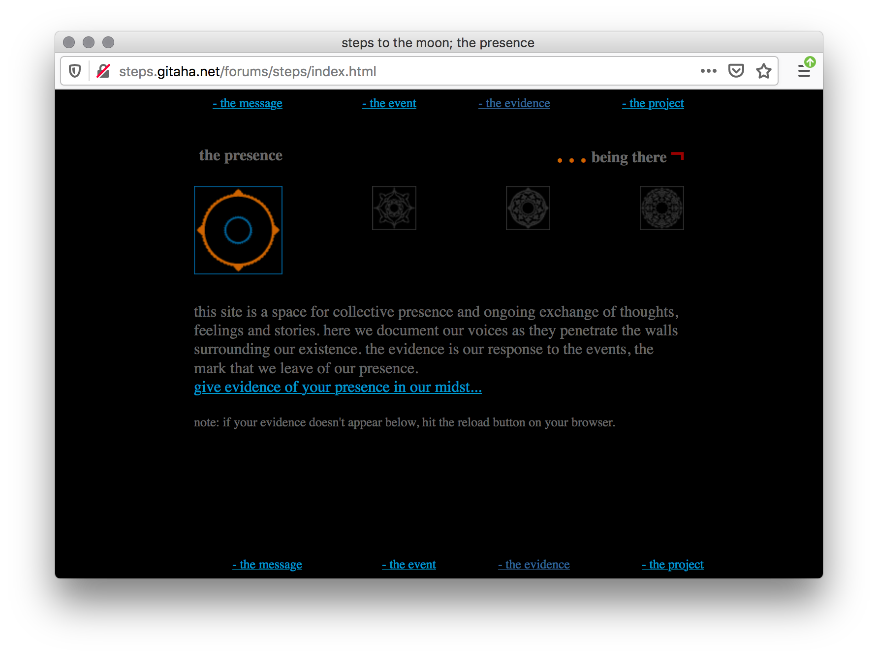 Screenshot of black webpage with four different geometric mandala symbols above a paragraph of grey text describing each symbol.