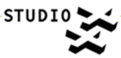 Logo with the word "Studio" typed in black on the top left next to two 3-D X's that have a white face and black edge.