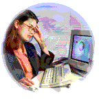Graphic image of a white square peering into a circular window of a woman wearing glasses working while looking at a baby on a computer screen. She looks stressed as she leans her head on her left fingers and has an unamused expression.