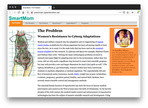 Screenshot of a white webpage for medical information. The left has a graphic of organs in a transparent female body. The right has an orange rectangle of a scientist holding test tubes wearing goggles in a purple circle. Black text takes up the middle.