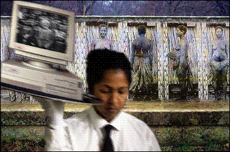 Image of a waitress holding a tray of computer with a screen showing a black and white blurred photograph of a crowd. Behind is a low-res pixelated image of indigenous topless woman standing in a row showing either their front, back, or sides.