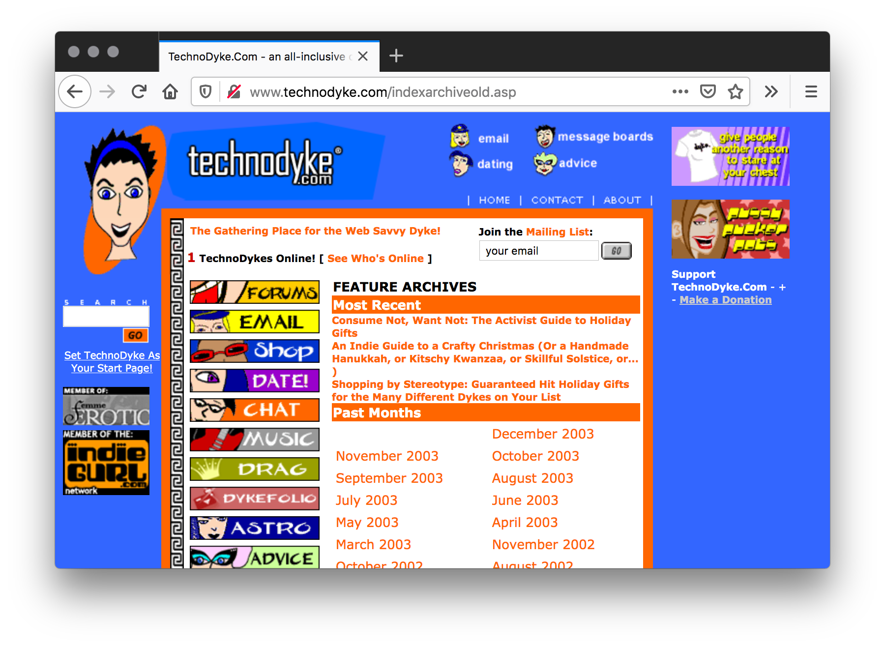 Screenshot of a blue homepage. A blue eyed cartoon figure with short hair sits on the top left and smaller heads on the top right as the site menu. The center is a white page filled with orange text and a directory of cartoon illustrations as a directory.