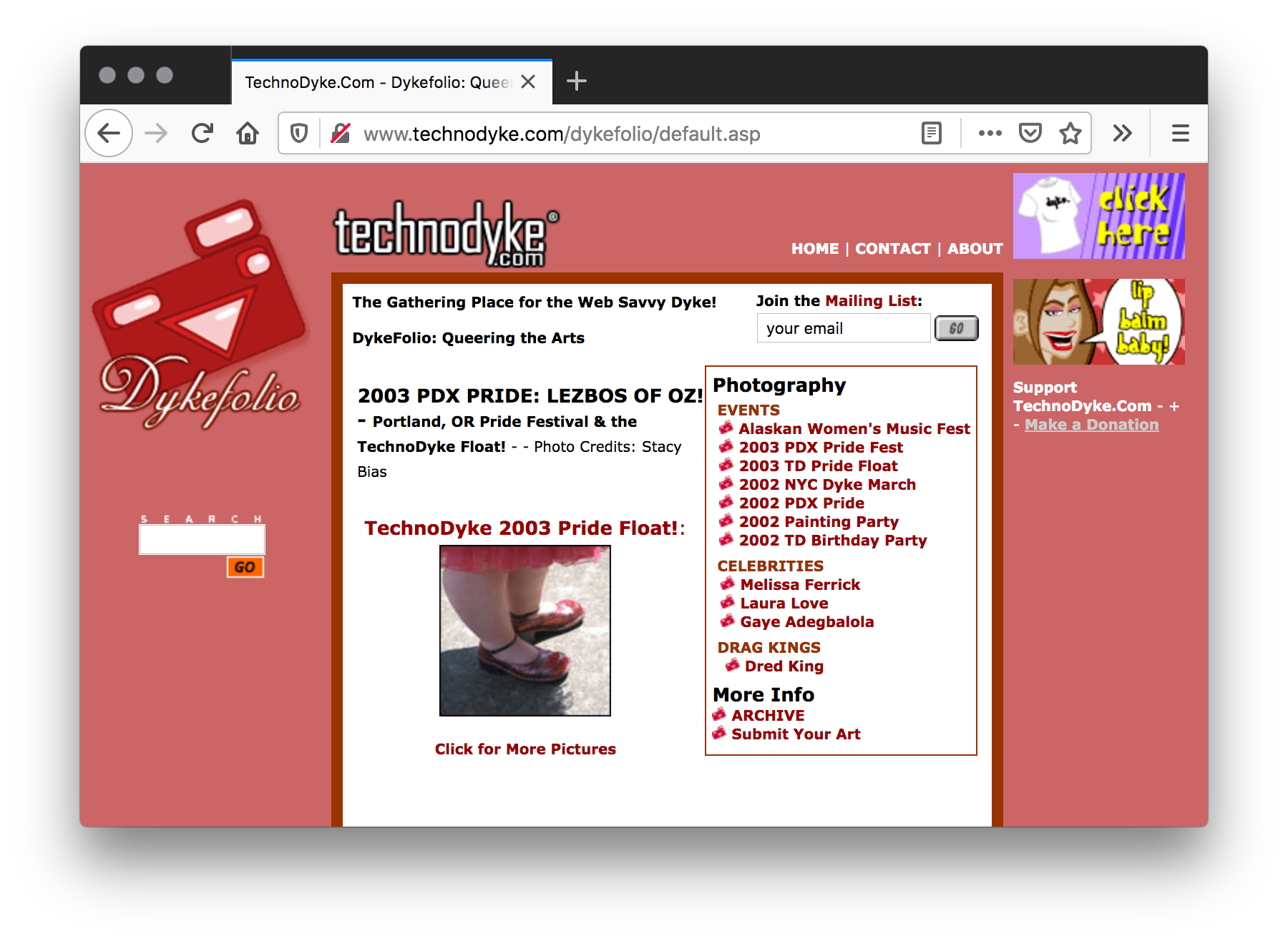 Screenshot of peach webpage with a red graphic camera and "Dykefolio" in cursive on the top left of the page. A red bordered white page is filled with black and red text. A square image of a person's red shoes is featured in the page.
