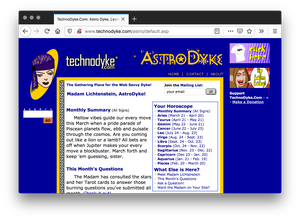 Screenshot of violet web page with a cartoon fortune teller wearing a purple headwrap and an "Astro Dyke" logo at the top. A yellow bordered white page and tribal designs flanking the left has the monthly readings next to a square listing the horoscopes.