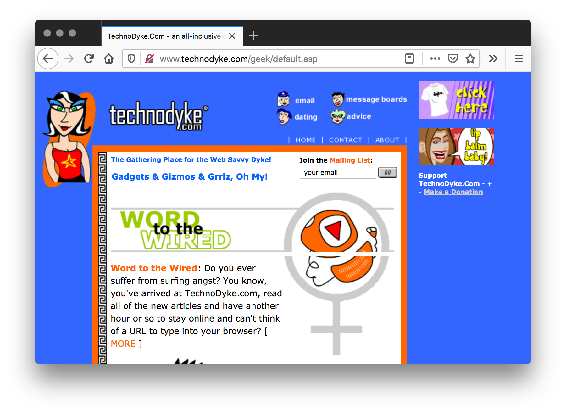 Screenshot of a blue homepage. A cartoon with bobbed hair and white strands wearing a red tank top and blue eyeshadow is on the top left. The center is a white page text and a graphic drawing of an orange PC inside the circle of a grey female symbol.