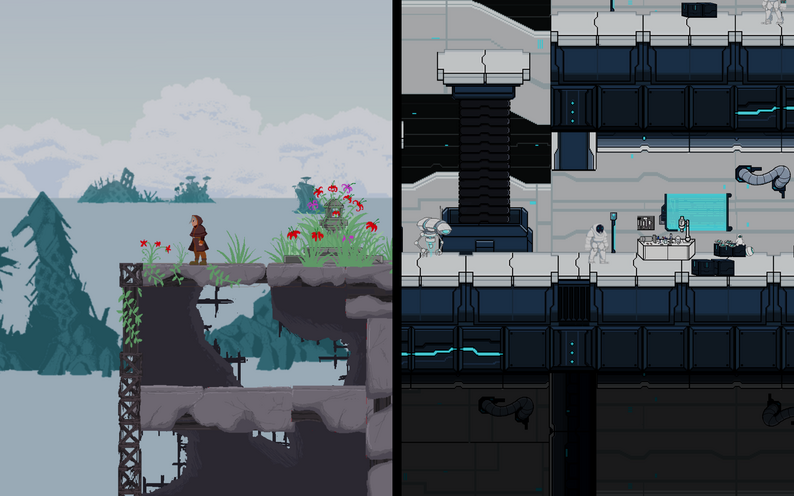 video game still cut down the middle; the left is a man on a bridge looking over the ocean; the right is a gray building
