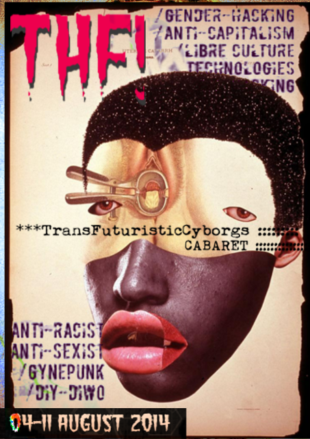 Poster of with red text drooping like blood on the top left and black text in the center. A head with short hair, droopy eyes, and an illustrated vagina opened by a metal device is collaged onto the lower half of a face with large pink lips.