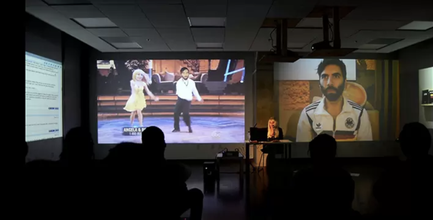 four-channel video of dancing couple, and a headshot of Roosh V