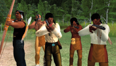 Machinima still of five indigenous men holding bows and arrows pointed at the camera with a forest behind them