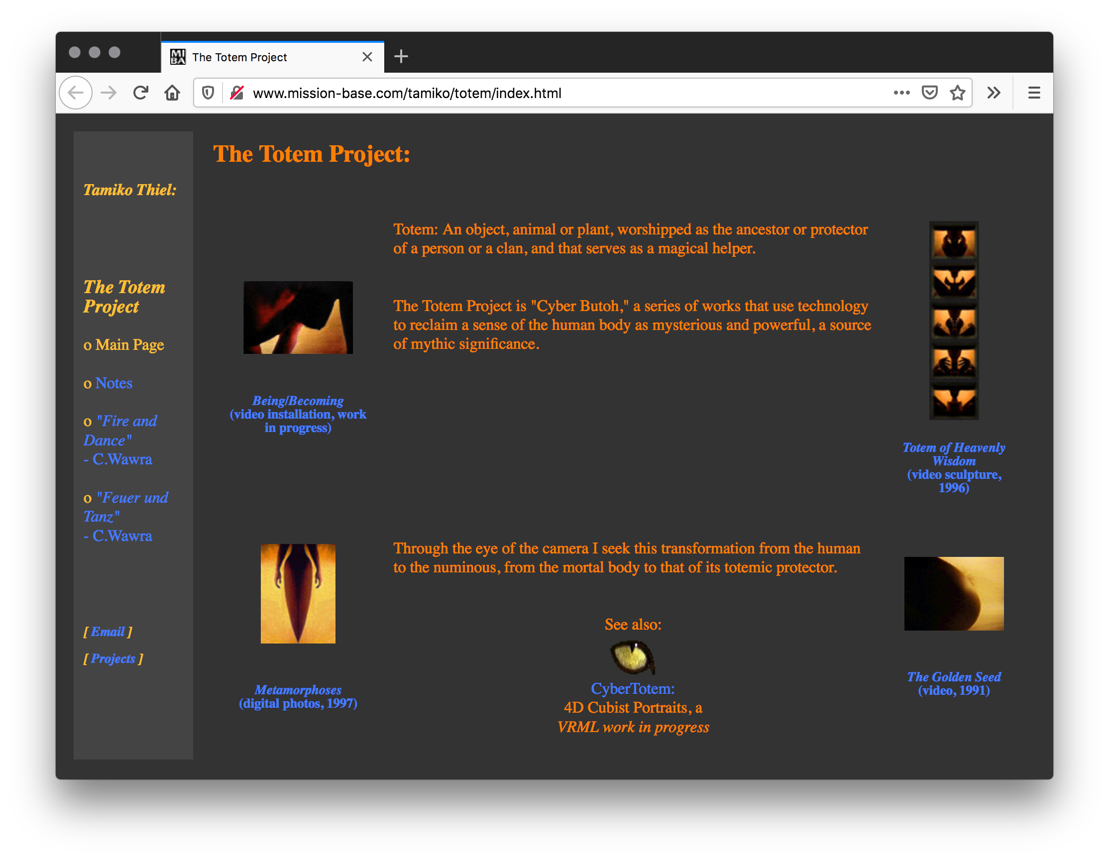 Screenshot of a grey webpage with orange text and four orange, yellow, and black images titled in blue text scattered throughout. A menu column of yellow and blue text flank the left.