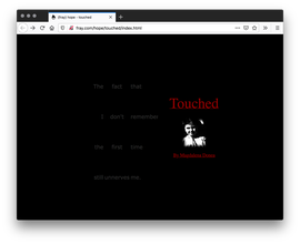 Screenshot of ominous black webpage with four lines of grey text spread out on the left of the page and an underlined red title follwed by a black and white photo of a child and the author's name underlined in red to the right.