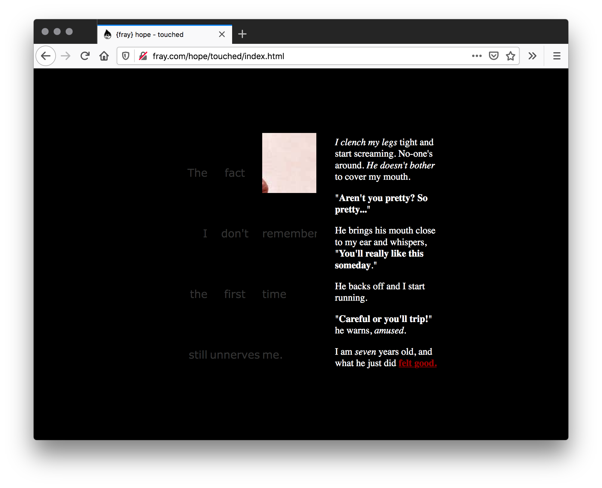 Screenshot of black webpage with four lines of grey text vertically spread out on the left of the page with a pink square covering one of the letters on the top line. The right has white text with quotes in bold and the last words underlined in red text.