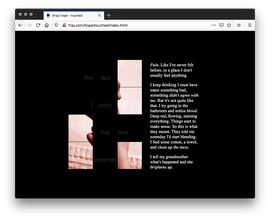Screenshot of black webpage with four lines of grey text vertically spread out on the left of the page with squares replacing words, revealing an image like a puzzle. The right has paragraphs of white text, with some words italicized.