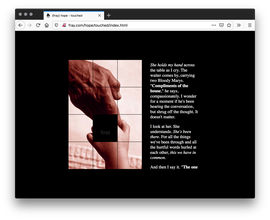 Screenshot of black webpage with a tiled image of a baby's hand grabbing the fingers old and wrinkled hand, with one of the tiles missing, revealing the image like a puzzle. The right has paragraphs of white text, with some words italicized or bolded.